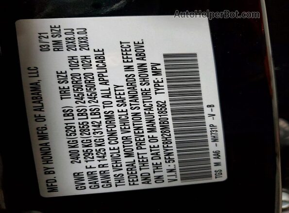 5FNYF8H28MB018582 2021 HONDA PASSPORT Black Вид наклейки з VIN-кодом