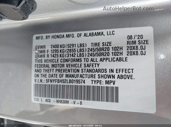 5FNYF8H52LB019574 2020 HONDA PASSPORT Silver Engine compartment view