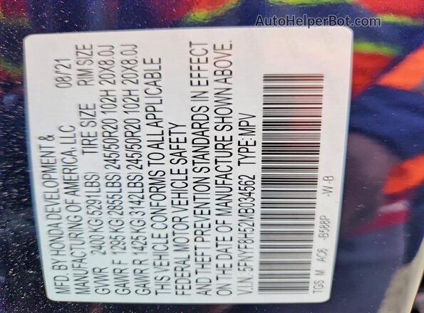 5FNYF8H52MB034562 2021 HONDA PASSPORT Blue VIN sticker view