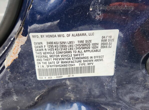 5FNYF8H53KB013541 2019 HONDA PASSPORT Blue 