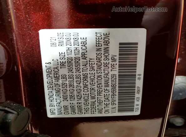 5FNYF8H56MB035259 2021 HONDA PASSPORT Maroon VIN კოდის სტიკერის ხედი