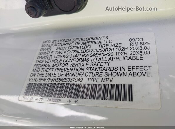 5FNYF8H58MB037949 2021 HONDA PASSPORT White Engine compartment view