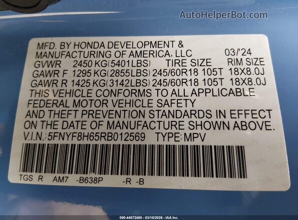 5FNYF8H65RB012569 2024 HONDA PASSPORT Blue 