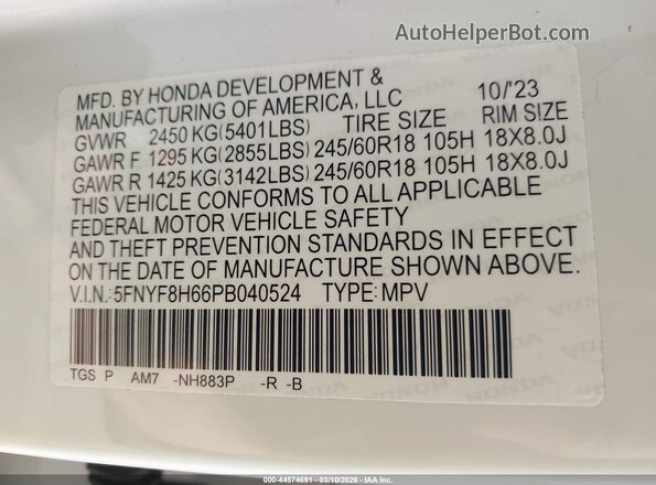 5FNYF8H66PB040524 2023 HONDA PASSPORT White 