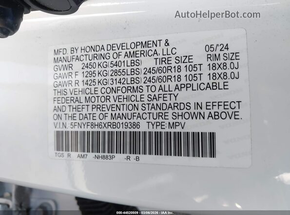 5FNYF8H6XRB019386 2024 HONDA PASSPORT White 