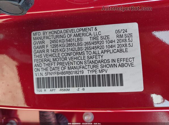 5FNYF8H86RB018219 2024 HONDA PASSPORT Red Vista del compartimento del motor