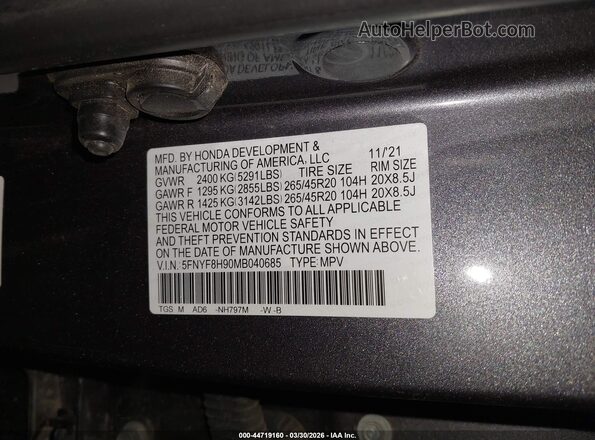 5FNYF8H90MB040685 2021 HONDA PASSPORT Gray Engine compartment view