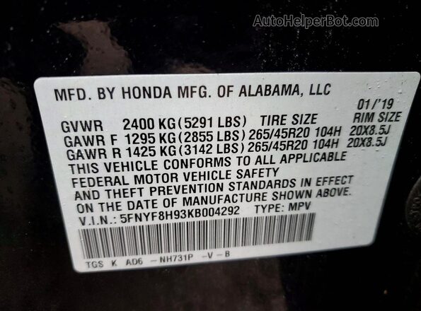 5FNYF8H93KB004292 2019 HONDA PASSPORT Black 