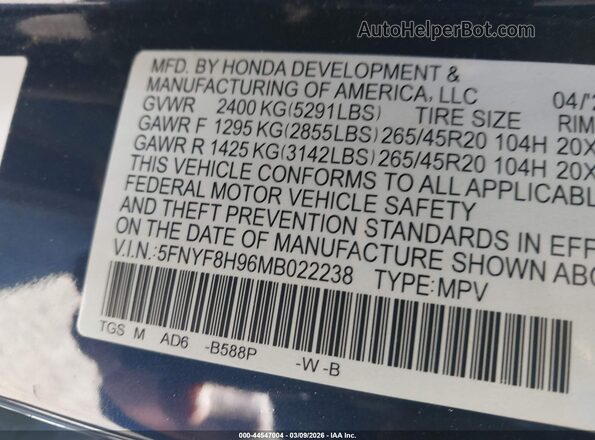 5FNYF8H96MB022238 2021 HONDA PASSPORT Dark Blue Engine compartment view