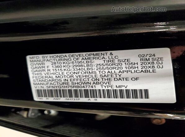 5FNYG1H75RB047741 2024 HONDA PILOT Black Widok naklejki z numerem VIN