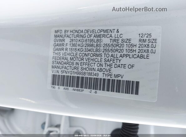 5FNYG1H99SB188349 2025 HONDA PILOT White 