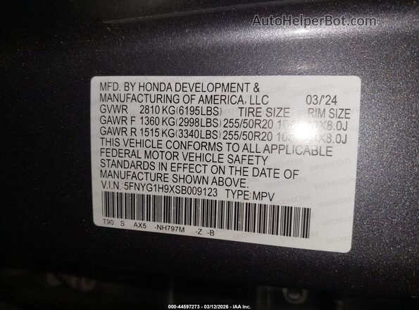 5FNYG1H9XSB009123 2025 HONDA PILOT Gray 