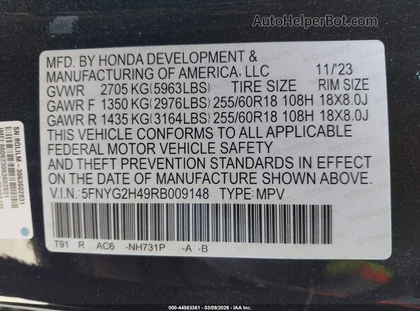 5FNYG2H49RB009148 2024 HONDA PILOT Черный Вид подкапотного пространства
