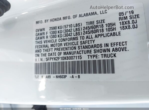 5FPYK2F10KB007115 2019 HONDA RIDGELINE White 