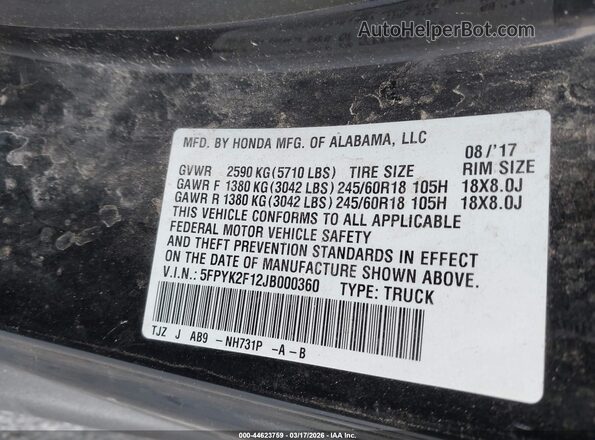 5FPYK2F12JB000360 2018 HONDA RIDGELINE Black Вид підкапотного простору