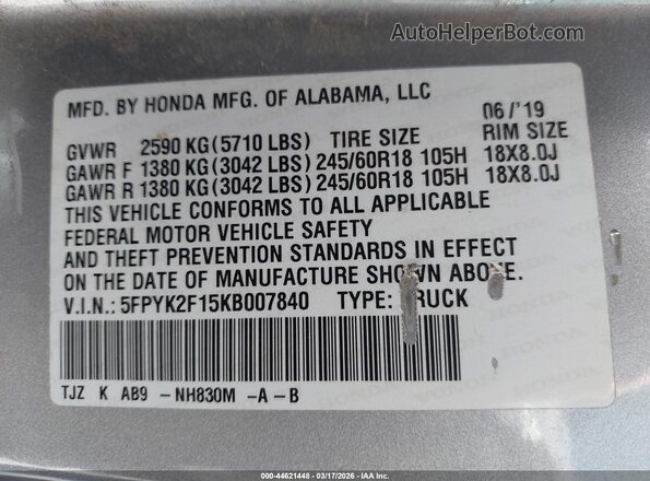 5FPYK2F15KB007840 2019 HONDA RIDGELINE Silver Вид підкапотного простору
