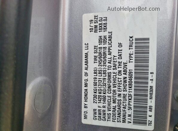 5FPYK3F11KB046091 2019 HONDA RIDGELINE Silver 
