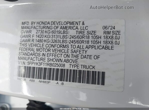 5FPYK3F11RB025008 2024 HONDA RIDGELINE Белый Вид подкапотного пространства