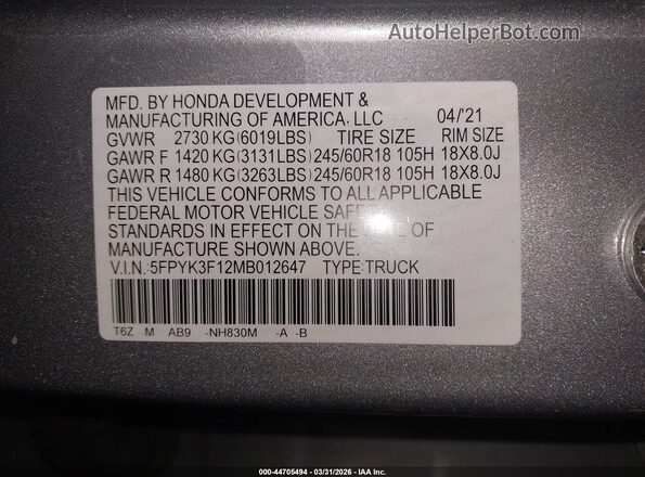 5FPYK3F12MB012647 2021 HONDA RIDGELINE Silver ძრავის განყოფილების ხედი