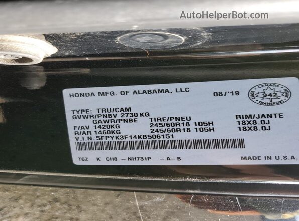 5FPYK3F14KB506151 2019 HONDA RIDGELINE Black Vista del compartimento del motor