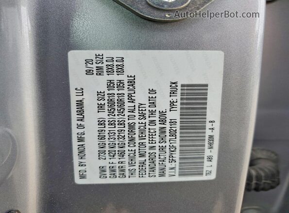 5FPYK3F17LB021181 2020 HONDA RIDGELINE Silver Вид підкапотного простору