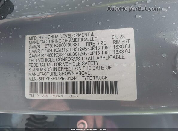 5FPYK3F17PB034244 2023 HONDA RIDGELINE Gray Widok komory silnika