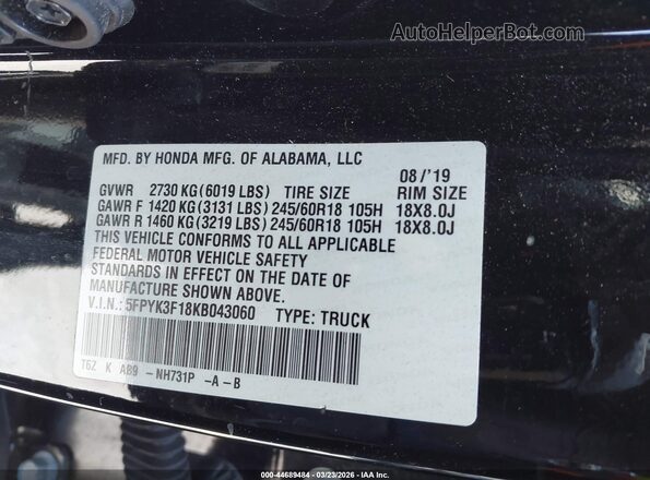 5FPYK3F18KB043060 2019 HONDA RIDGELINE Black Вид підкапотного простору