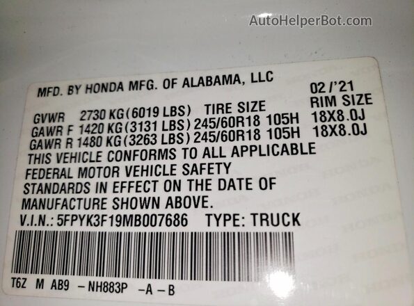 5FPYK3F19MB007686 2021 HONDA RIDGELINE White Շարժիչի բաժամունքի տեսք