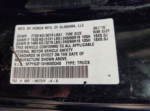 5FPYK3F1XHB005340 2017 HONDA RIDGELINE Black Engine compartment view