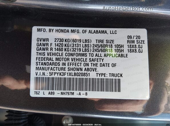 5FPYK3F1XLB020851 2020 HONDA RIDGELINE Gray 