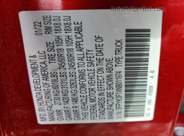 5FPYK3F1XNB011974 2022 HONDA RIDGELINE Red Շարժիչի բաժամունքի տեսք