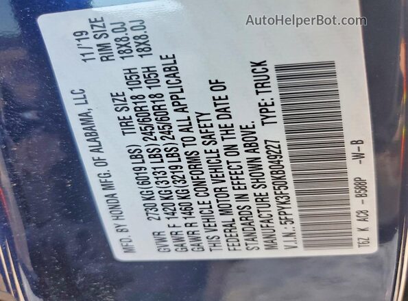 5FPYK3F50KB049227 2019 HONDA RIDGELINE Blue 