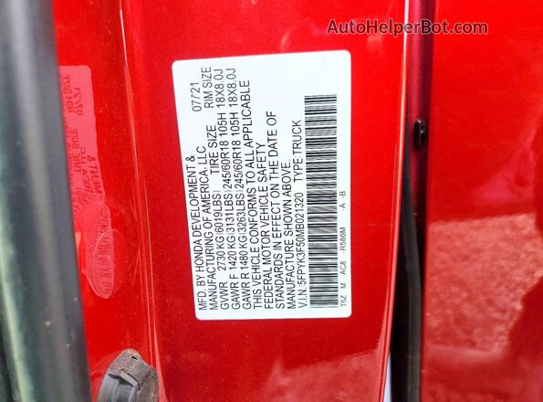 5FPYK3F50MB021320 2021 HONDA RIDGELINE Red Вид підкапотного простору