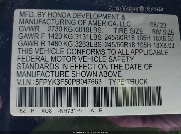 5FPYK3F50PB047663 2023 HONDA RIDGELINE Black Շարժիչի բաժամունքի տեսք