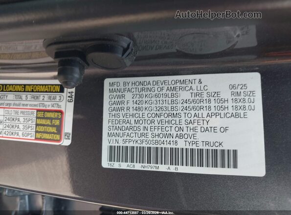 5FPYK3F50SB041418 2025 HONDA RIDGELINE Gray Вид підкапотного простору