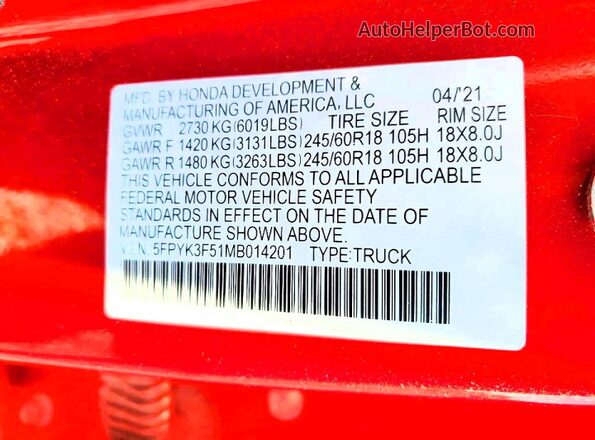 5FPYK3F51MB014201 2021 HONDA RIDGELINE Red Շարժիչի բաժամունքի տեսք