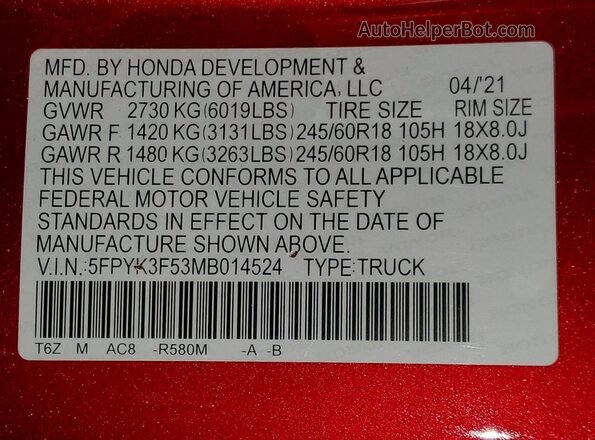 5FPYK3F53MB014524 2021 HONDA RIDGELINE Red Вид підкапотного простору