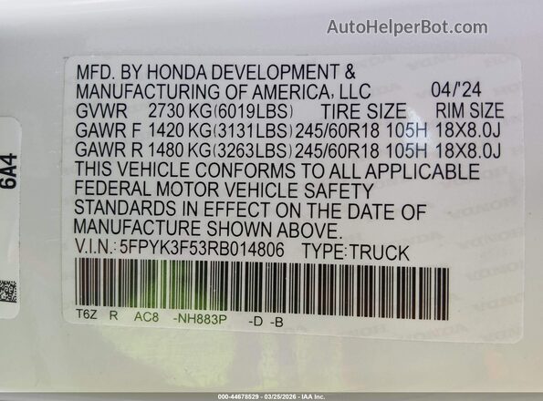 5FPYK3F53RB014806 2024 HONDA RIDGELINE White ძრავის განყოფილების ხედი
