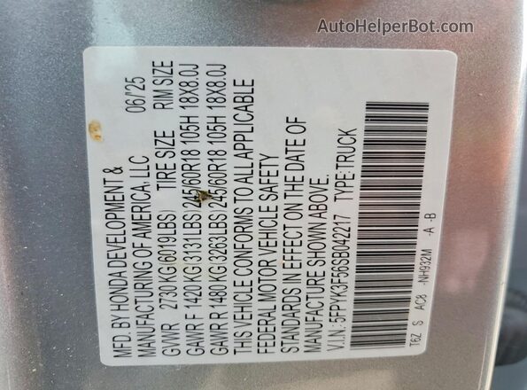 5FPYK3F56SB042217 2025 HONDA RIDGELINE Silver VIN კოდის სტიკერის ხედი