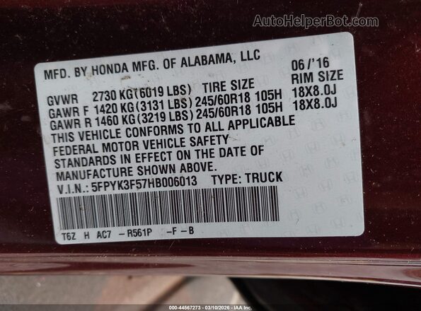 5FPYK3F57HB006013 2017 HONDA RIDGELINE Burgundy Вид підкапотного простору
