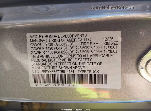 5FPYK3F57TB014184 2026 HONDA RIDGELINE Gray Вид підкапотного простору