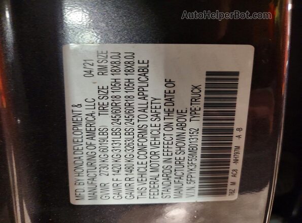 5FPYK3F59MB013152 2021 HONDA RIDGELINE Gray Շարժիչի բաժամունքի տեսք