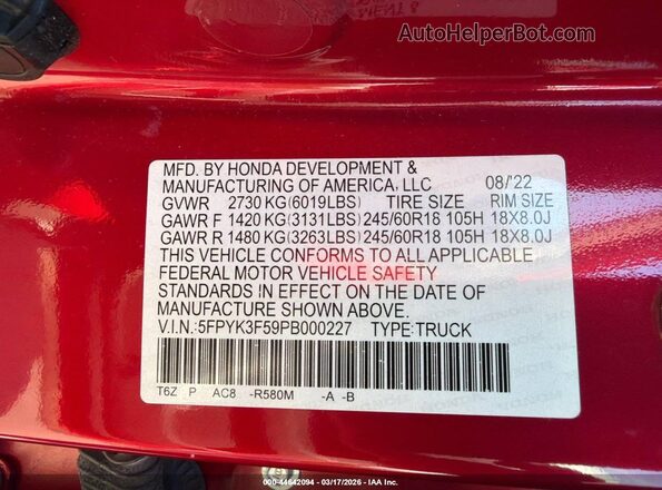 5FPYK3F59PB000227 2023 HONDA RIDGELINE Red Շարժիչի բաժամունքի տեսք