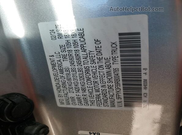 5FPYK3F59RB004765 2024 HONDA RIDGELINE Silver VIN კოდის სტიკერის ხედი