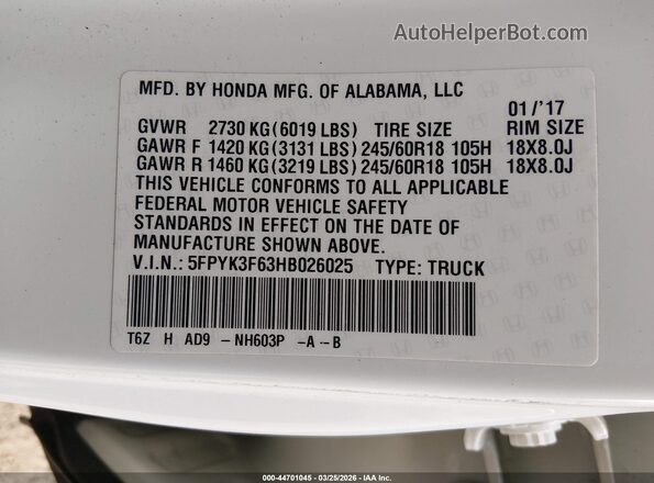 5FPYK3F63HB026025 2017 HONDA RIDGELINE White 