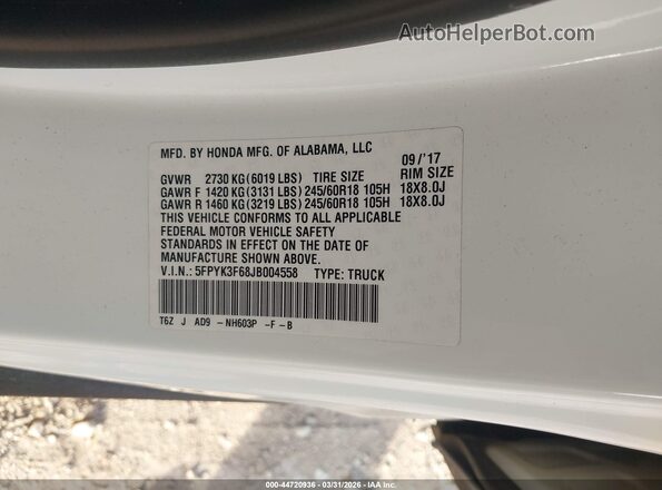 5FPYK3F68JB004558 2018 HONDA RIDGELINE White Vista del compartimento del motor