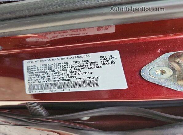 5FPYK3F68KB033608 2019 HONDA RIDGELINE Burgundy Vista del compartimento del motor