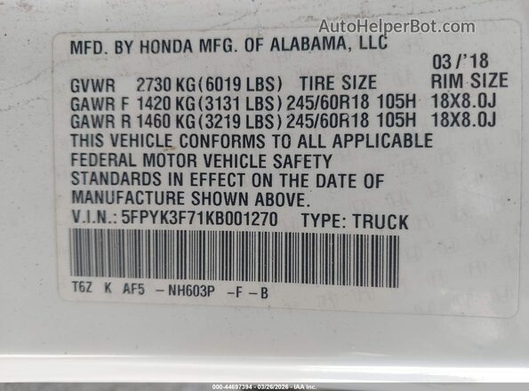 5FPYK3F71KB001270 2019 HONDA RIDGELINE White 