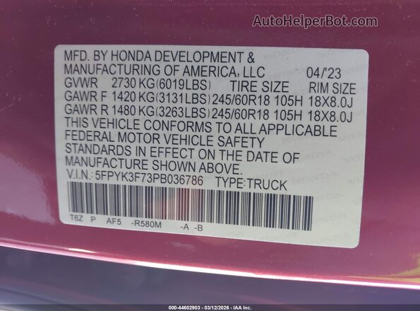 5FPYK3F73PB036786 2023 HONDA RIDGELINE Red Вид підкапотного простору
