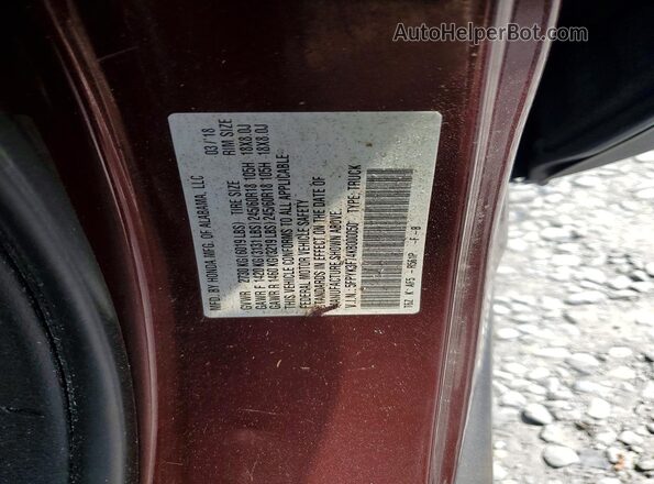 5FPYK3F74KB000050 2019 HONDA RIDGELINE Burgundy VIN կոդի պիտակի տեսք